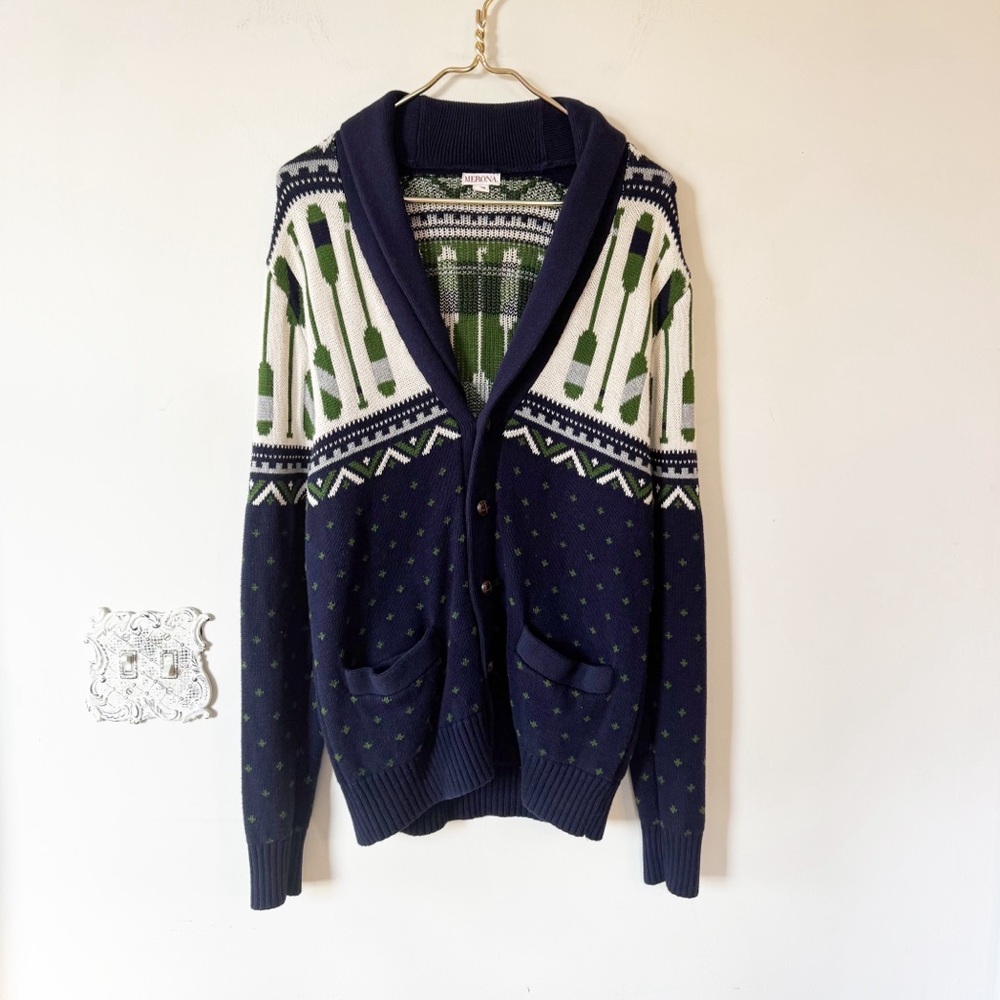 Merona Shawl Collar Grandpa Cardigan Sweater Boating Lake Life Fair Isle M